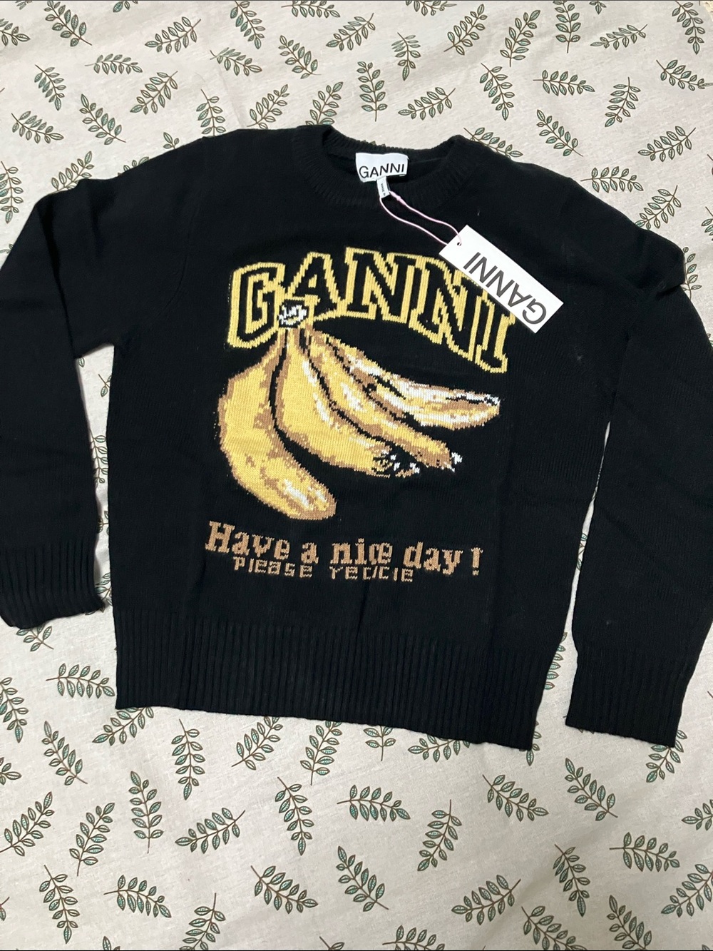 Ganni Black cropped crewneck sweater banana Graphic Have a nice day Knit pullove